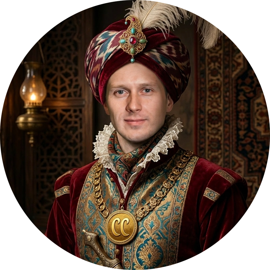 Портрет президента ТГСС в восточном наряде, выполненный в художественном стиле эпохи Возрождения.